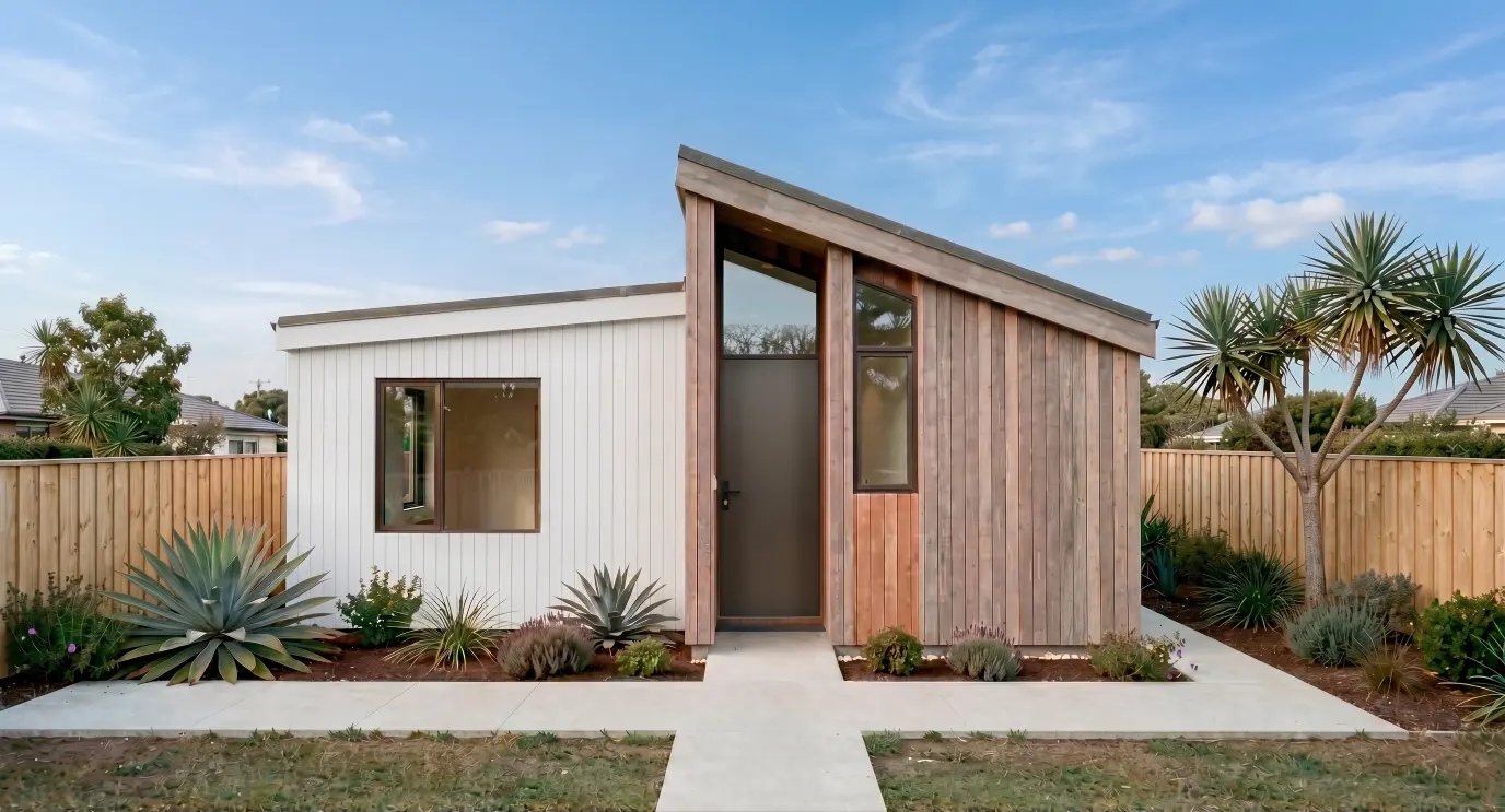 Tui Two by Modal Architecture, a contemporary two bedroom home featuring contrasting timber cladding, angled rooflines and a landscaped entrance.