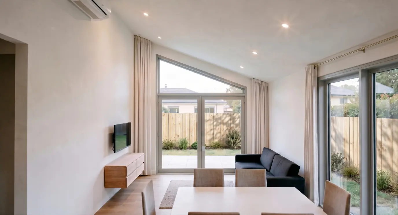 Contemporary living room in the Nest Series Tui Two home by Modal Architecture, featuring expansive glazing, garden views and an open plan layout.
