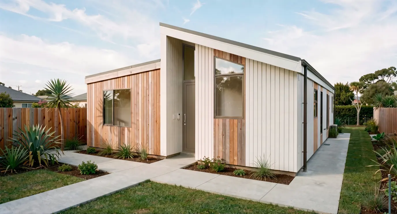Takahē Three by Modal Architecture, a contemporary three bedroom home featuring contrasting vertical timber cladding, angled rooflines and a landscaped entrance.