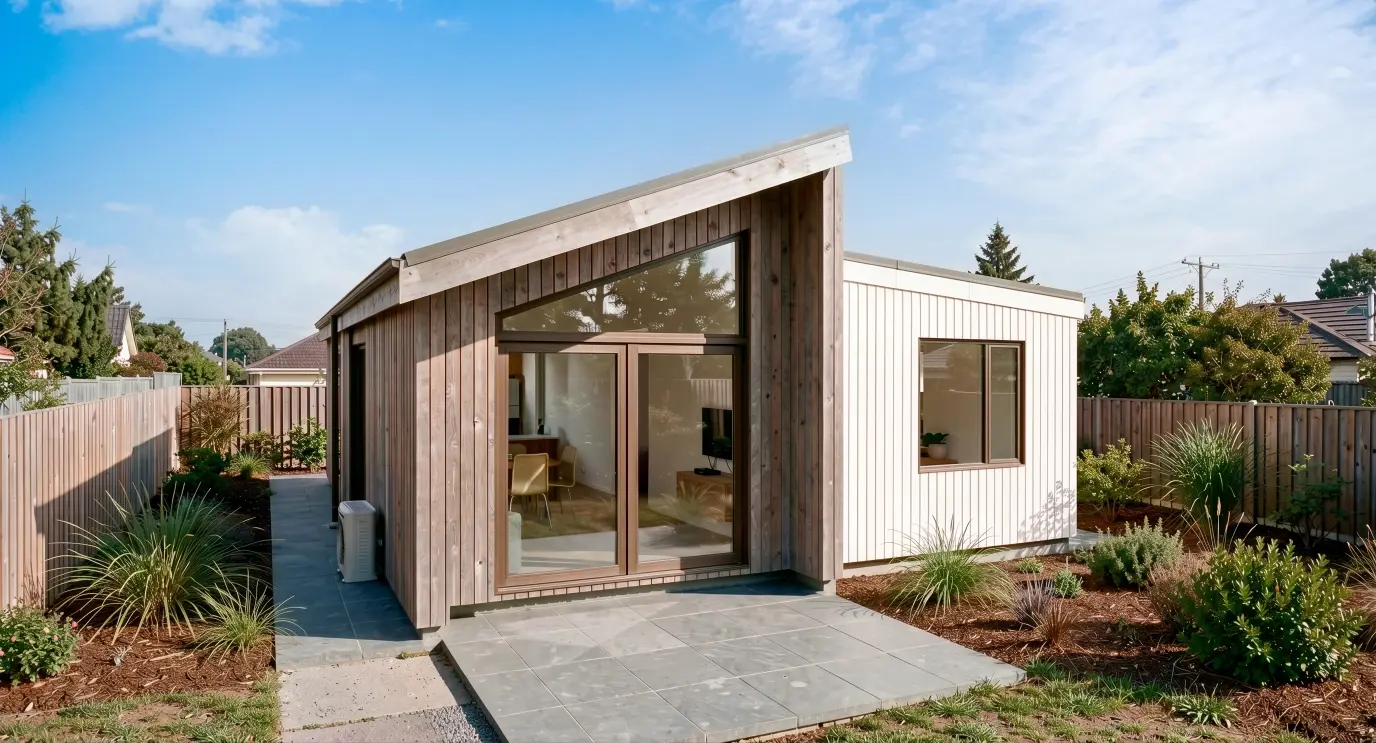 Rear exterior of Modal Architecture's Nest Series Tui Two home, featuring an angled roof, large sliding glass doors and a private outdoor patio.
