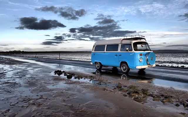 campervan, holy island, blue