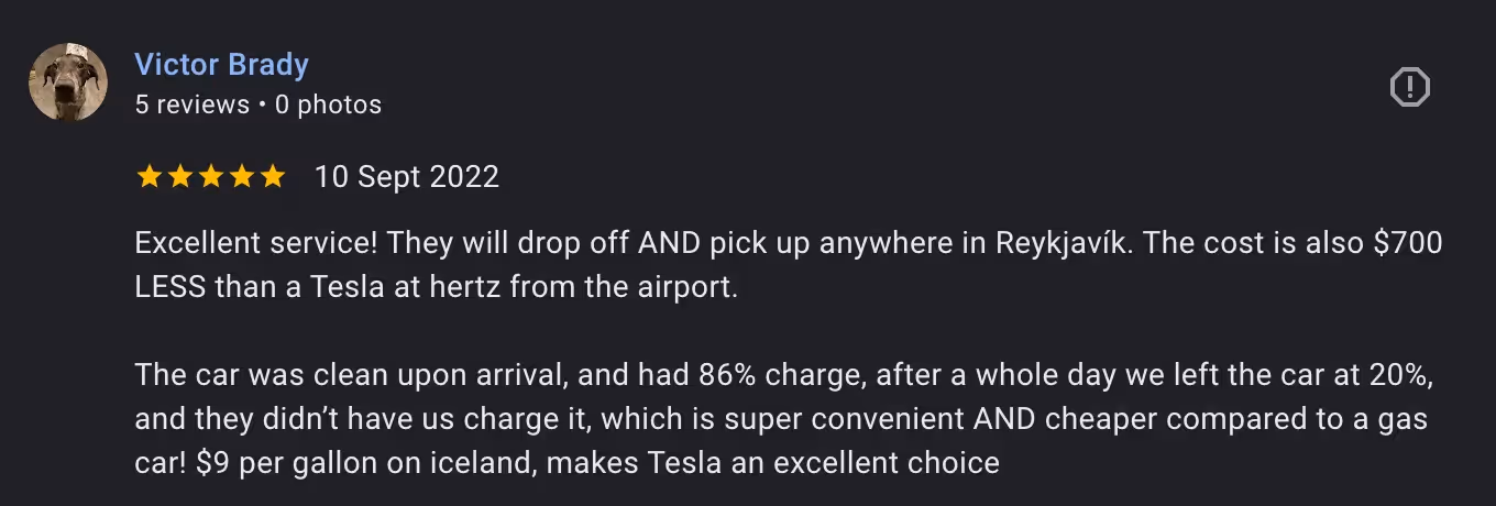 5-star customer testimonial expressing satisfaction with Iceland car rental services from Golden Circle Day Tours