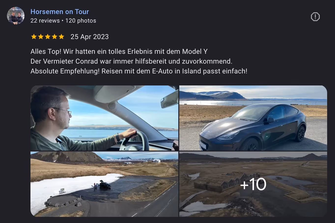 A 5-star review celebrating an excellent car rental experience in Iceland with Golden Circle Day Tours
