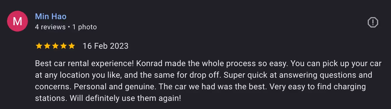 Screenshot of a 5-star review highlighting a positive Tesla rental experience in Iceland with Golden Circle Day Tours.