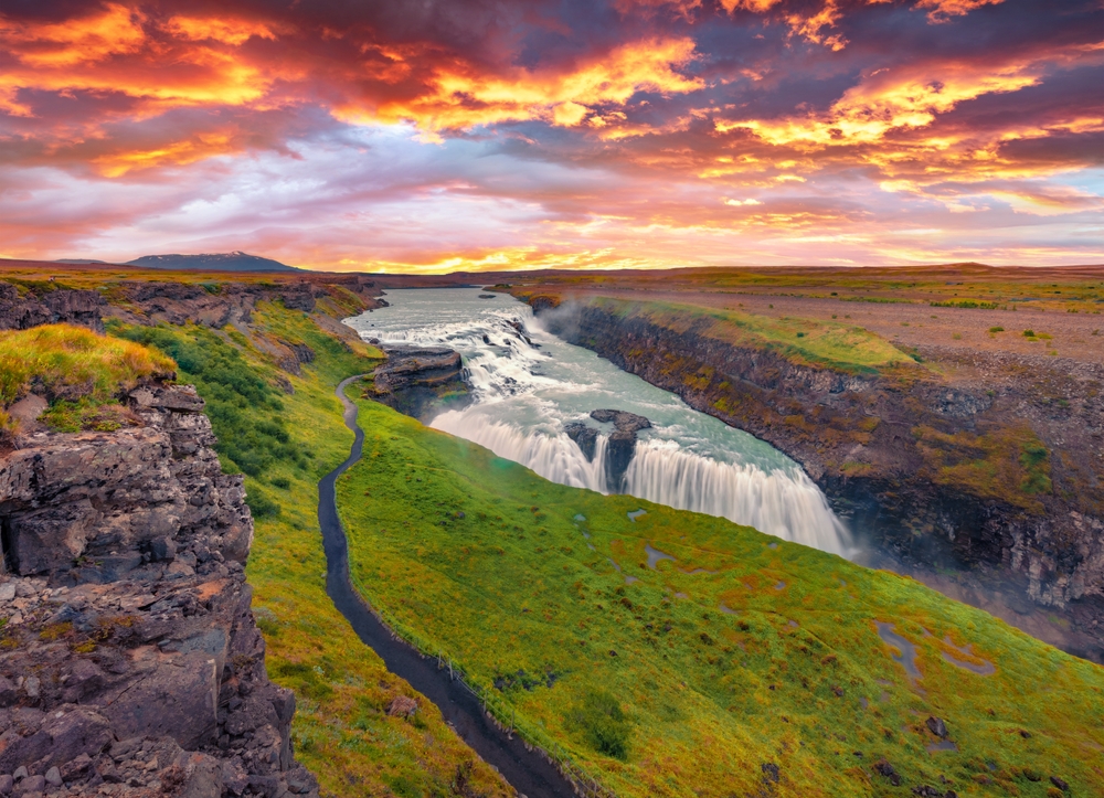 Trekking to Gullfoss waterfall. Astonishing summer scene of Hvita river