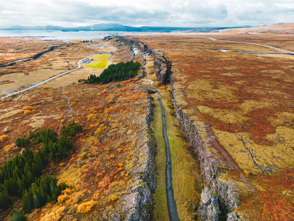 Aerial view of Thingvellir National Park in autumn