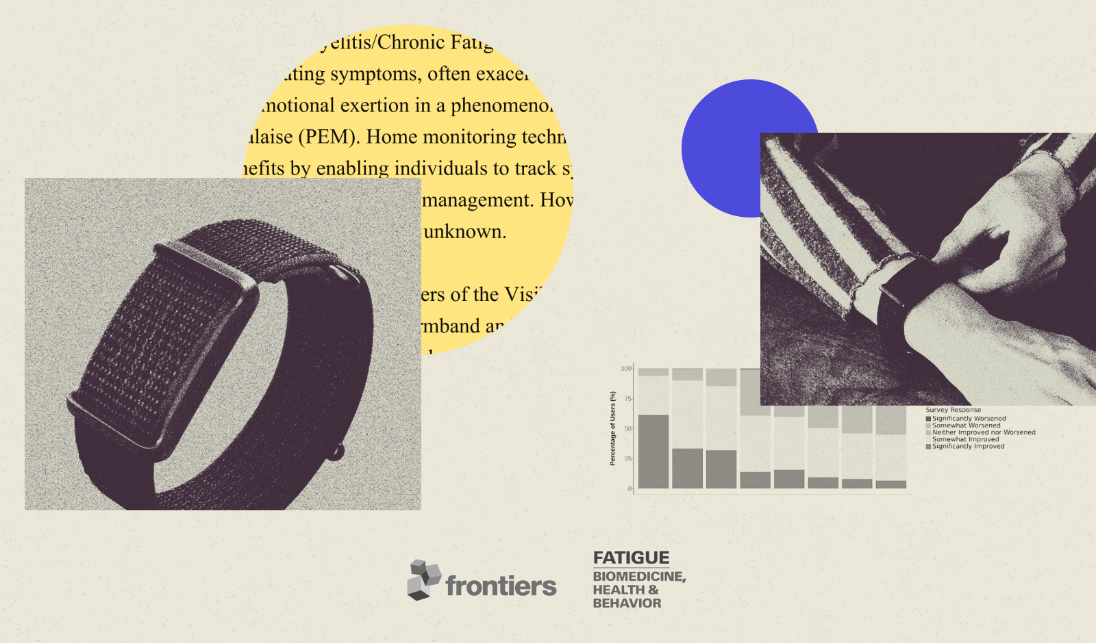 Image of the Visible wearable band and a person using it, representing pacing research, with Frontiers and Fatigue journal logos.