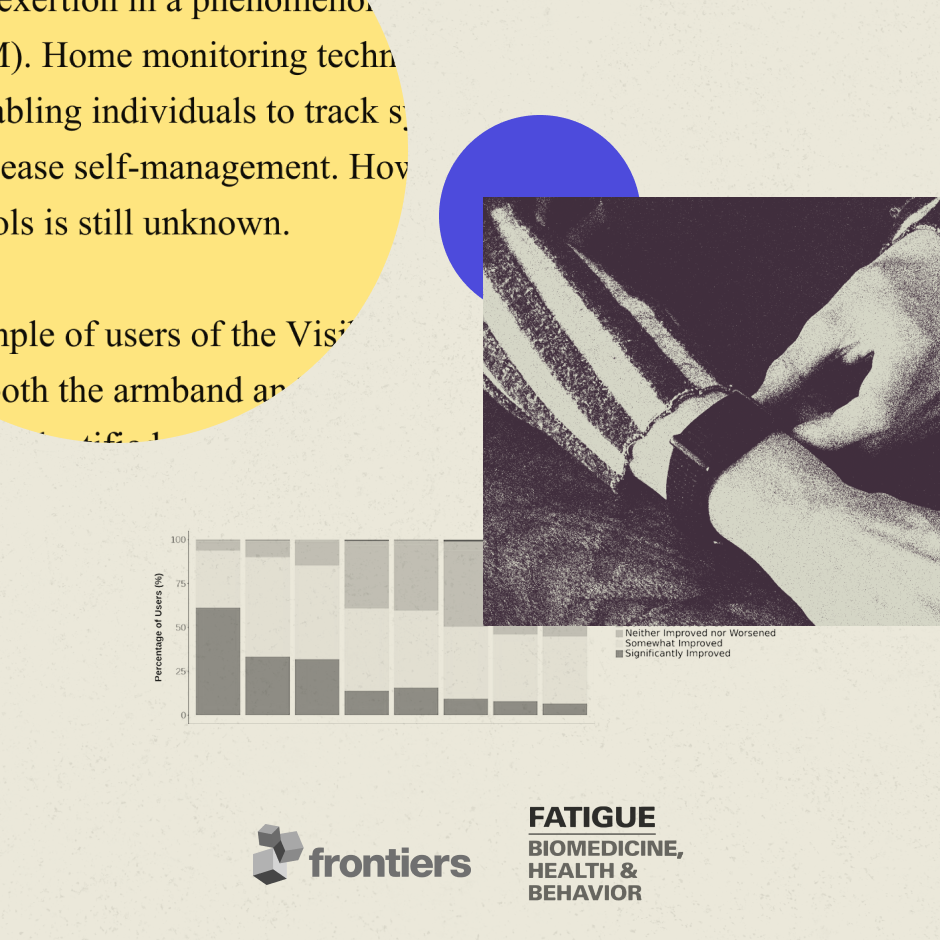 Person using the Visible wearable wristband for pacing research, with chart and Frontiers and Fatigue journal logos.