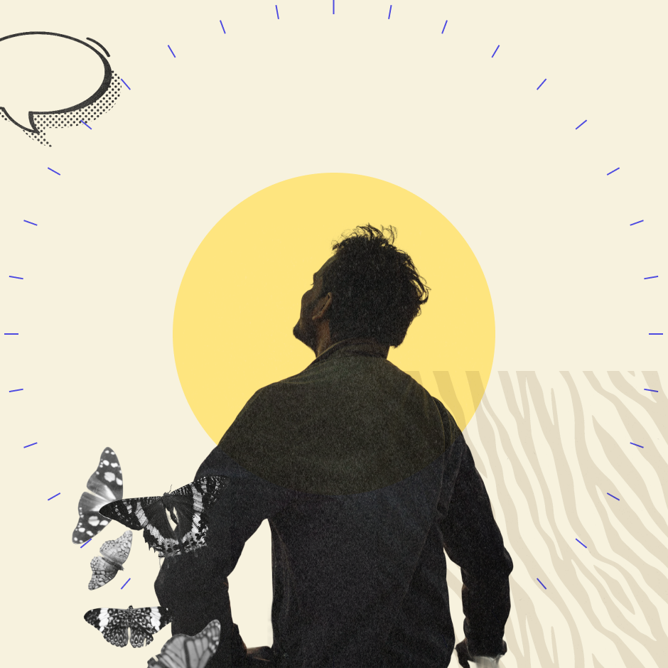 Illustrated collage-style image of a person sitting and looking upward, silhouetted against a large yellow circle on a cream background. Butterflies appear along the left side, with abstract blue lines and textured patterns surrounding the figure.