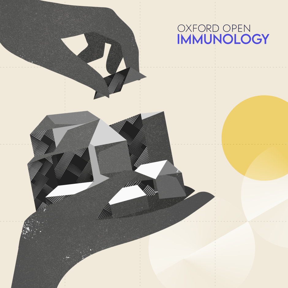 Illustration of two hands assembling geometric blocks on a cream grid background, with the text “Oxford Open Immunology” in the lower right.
