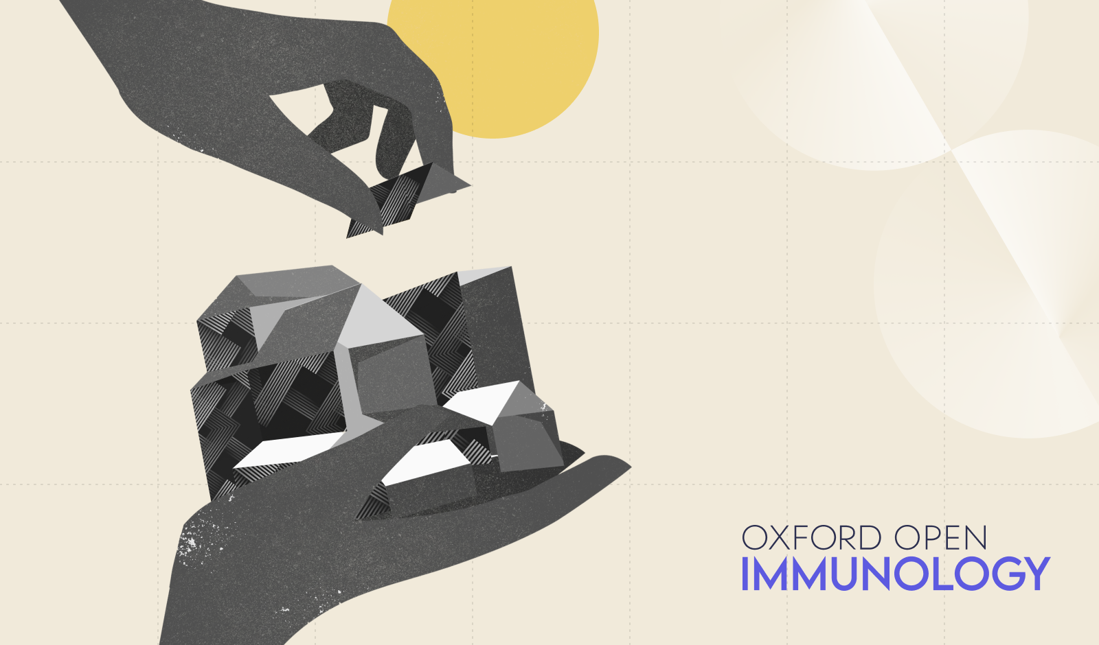 Illustration of two hands assembling geometric blocks on a cream grid background, with the text “Oxford Open Immunology” in the lower right.