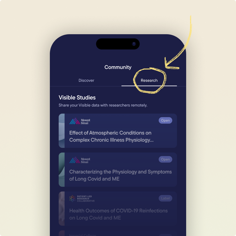 Alt text: Phone screen showing the Visible app’s Community section with the Research tab highlighted. A list of Visible Studies appears below, with an arrow pointing to the Research tab.
