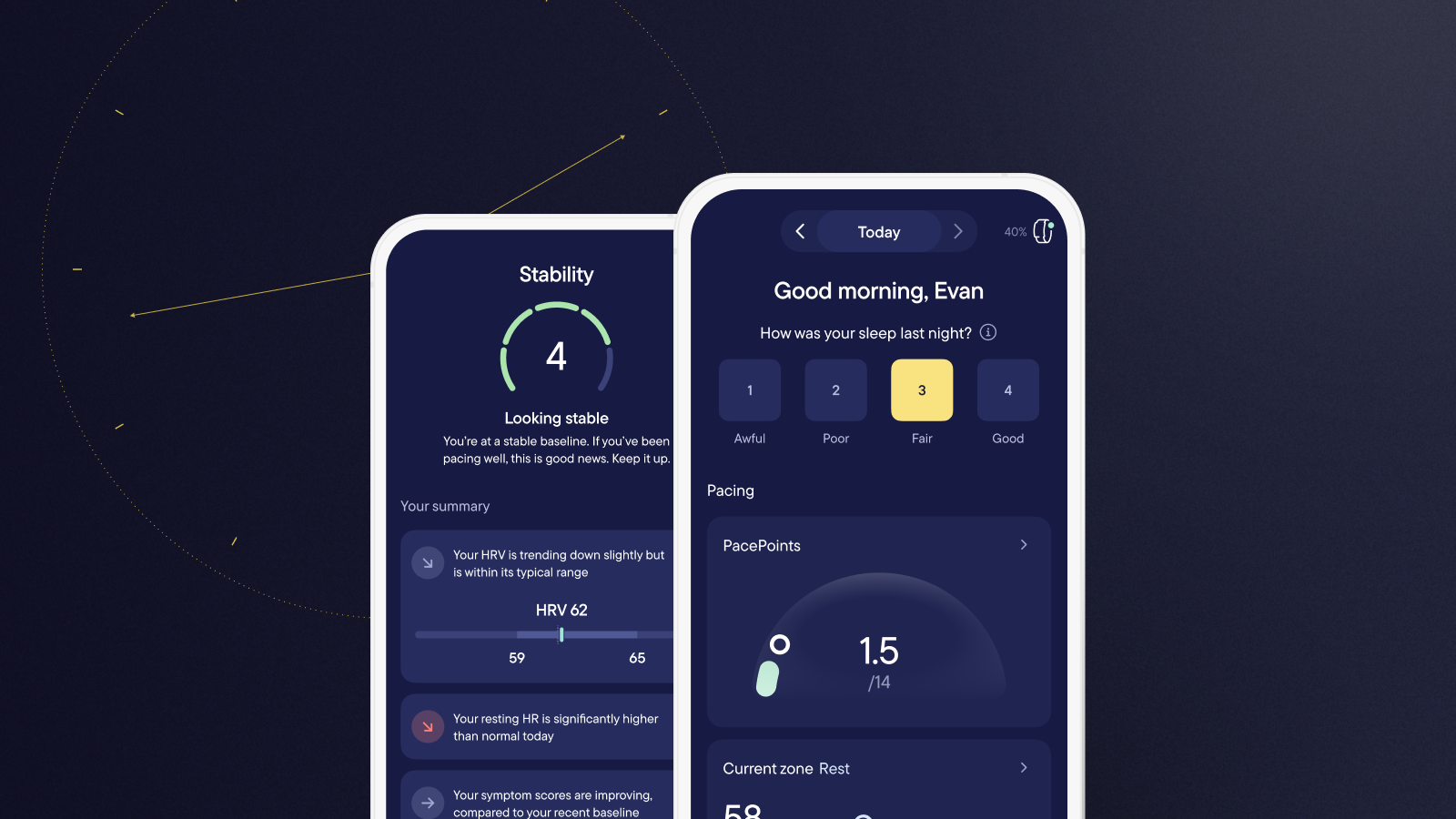 Two overlapping phone screens showing the Visible app, including a Stability Score of 4 and a sleep rating prompt, set against a dark blue background with a subtle clock graphic.