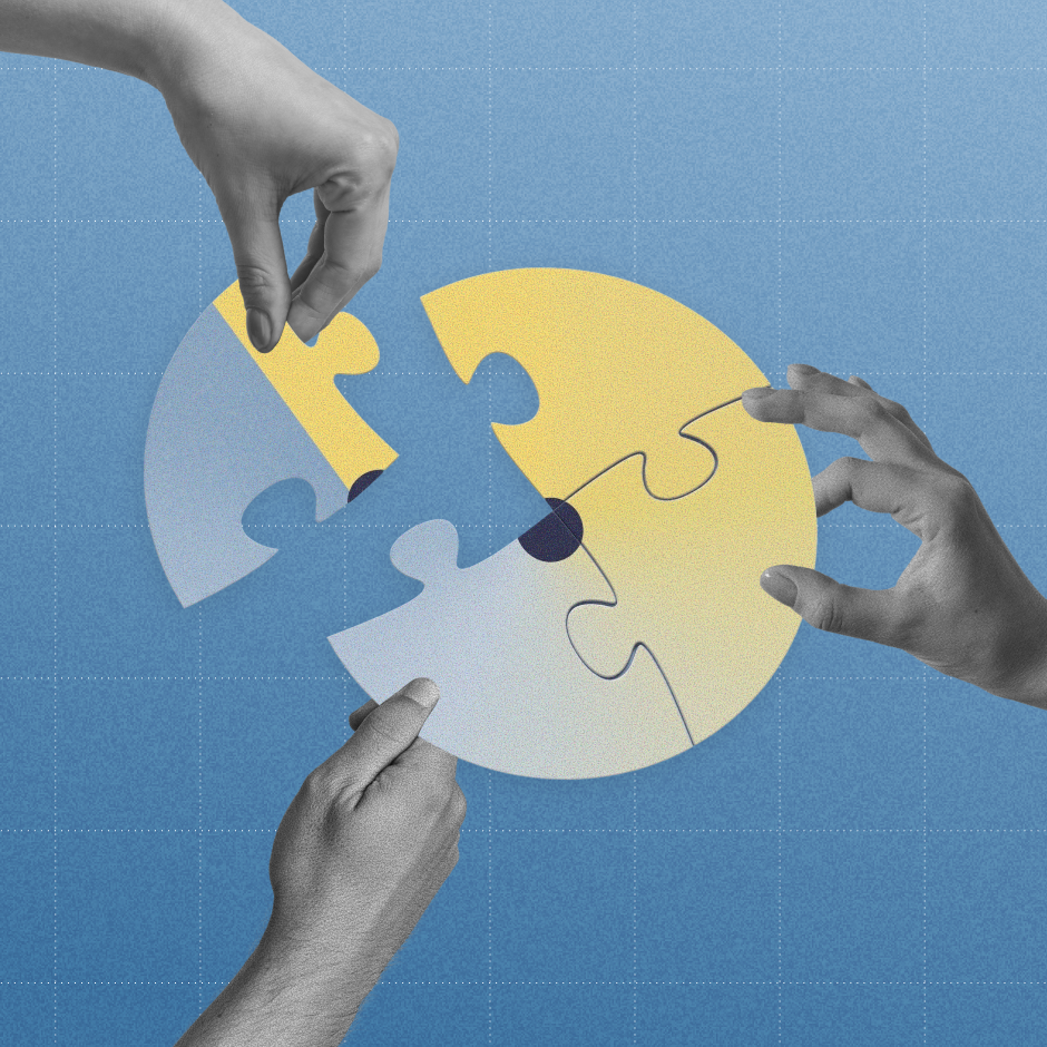 Three hands assemble a circular jigsaw puzzle against a blue background, representing collaboration and building products together with member input.