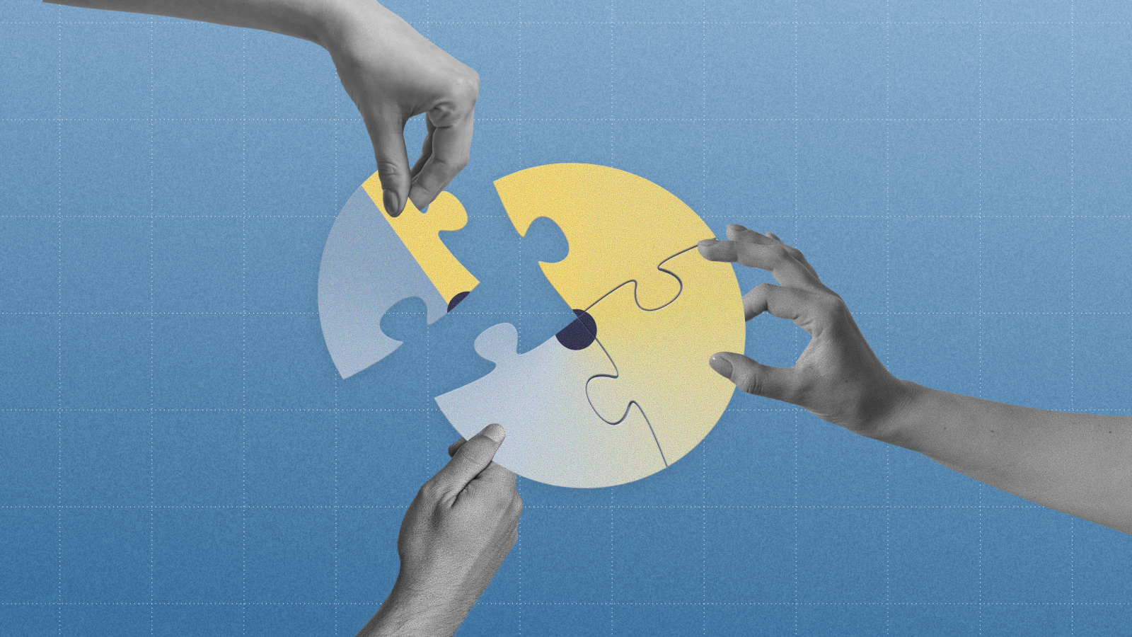 Three hands assemble a circular jigsaw puzzle against a blue background, representing collaboration and building products together with member input.