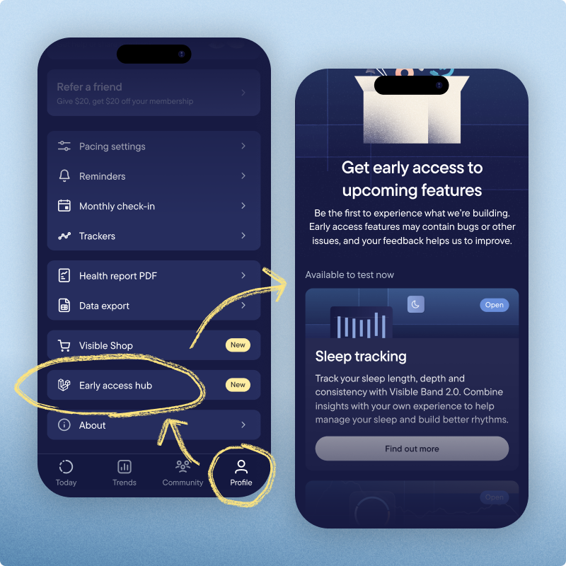 Screenshot of the Visible app showing where to find the Early Access Hub in the Profile tab, alongside the Early Access Hub screen featuring a Sleep tracking beta available for testing.