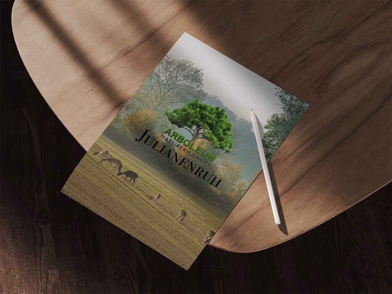 Mockup_Design Julianeneruh. 
Seeing tree and subheading in front of a field, with warm lightings. Deers are eating in the fron of the field.