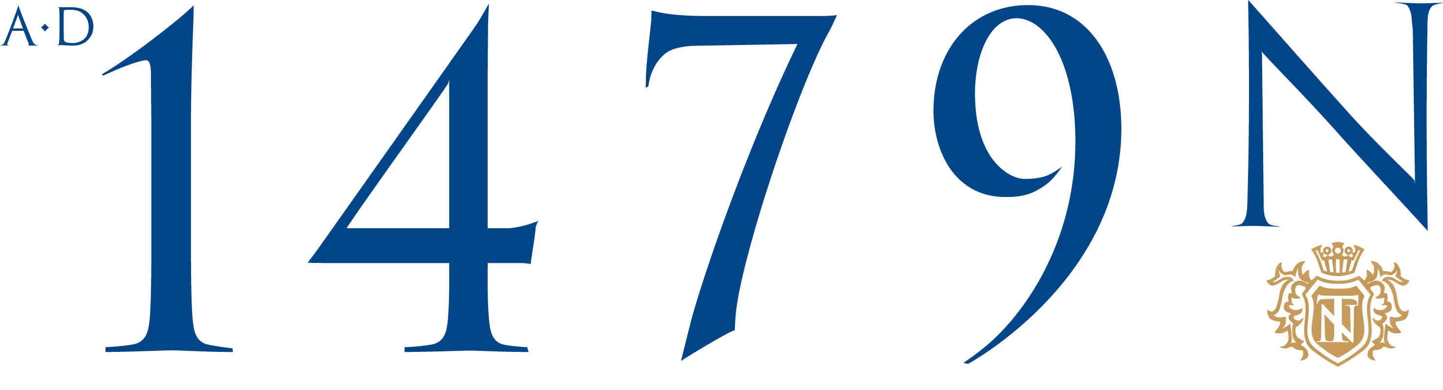Logo mit großer blauer Jahreszahl 1479, begleitet von goldfarbenem Wappen mit Buchstaben N.