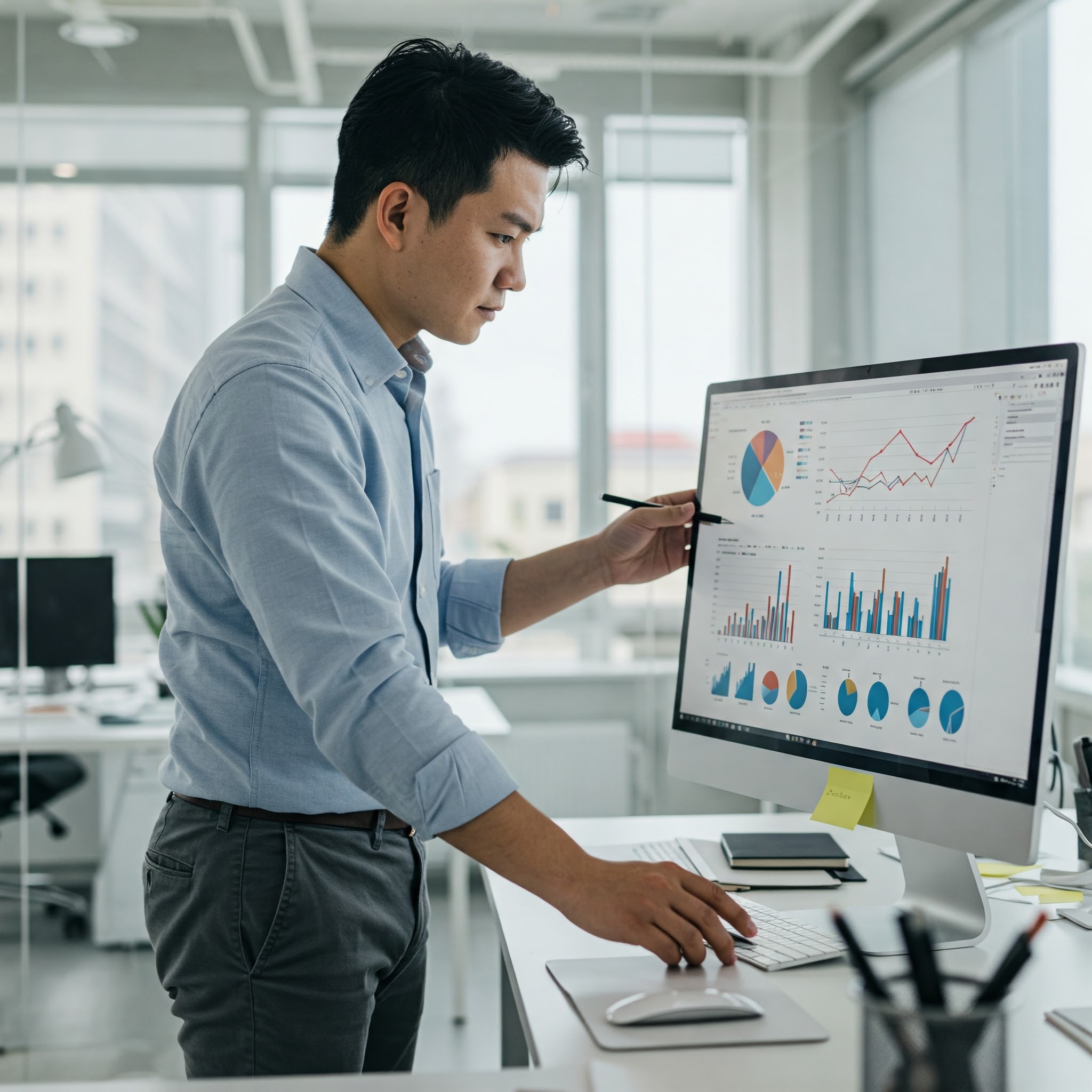 Financial advisor reviewing KPIs on a computer screen