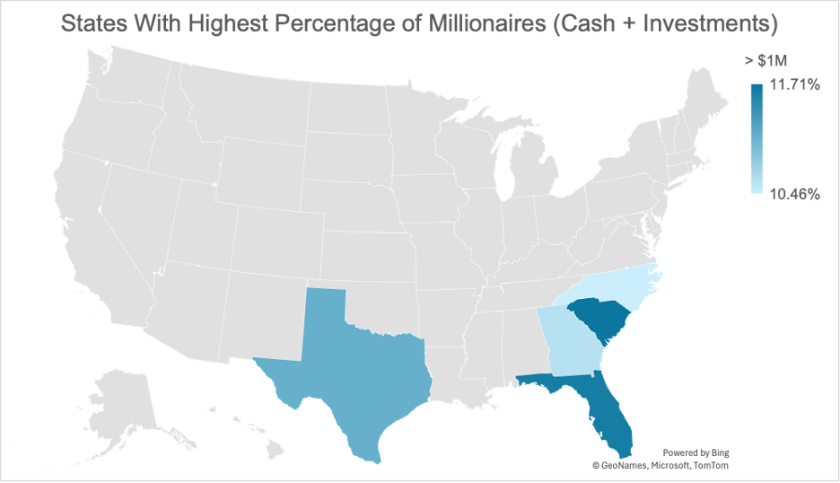 States with the highest percentage of millionaires (cash + investments) map
