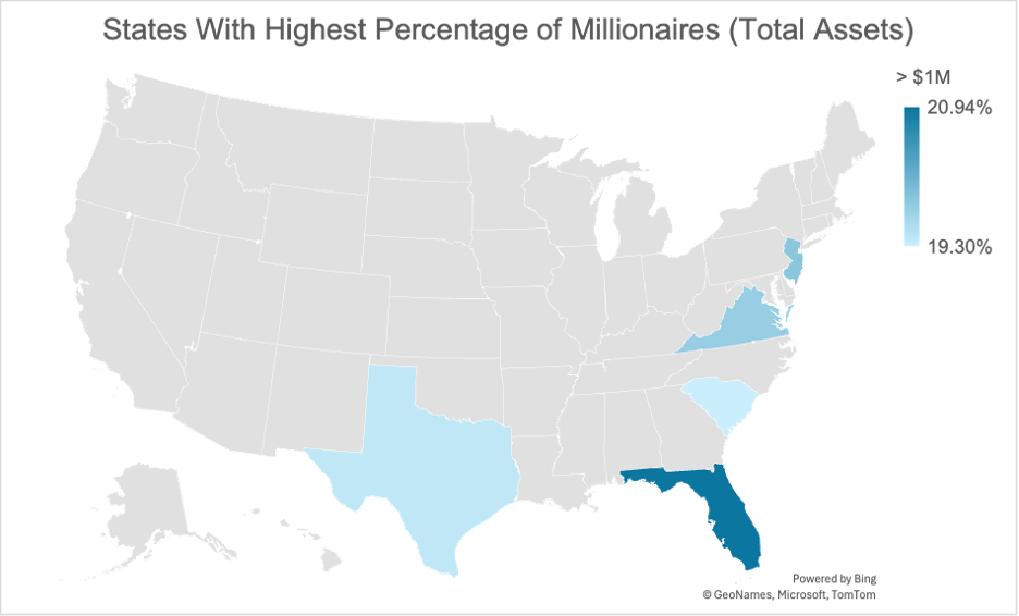 States with the Highest Percentage of Millionaires (Total Assets) map