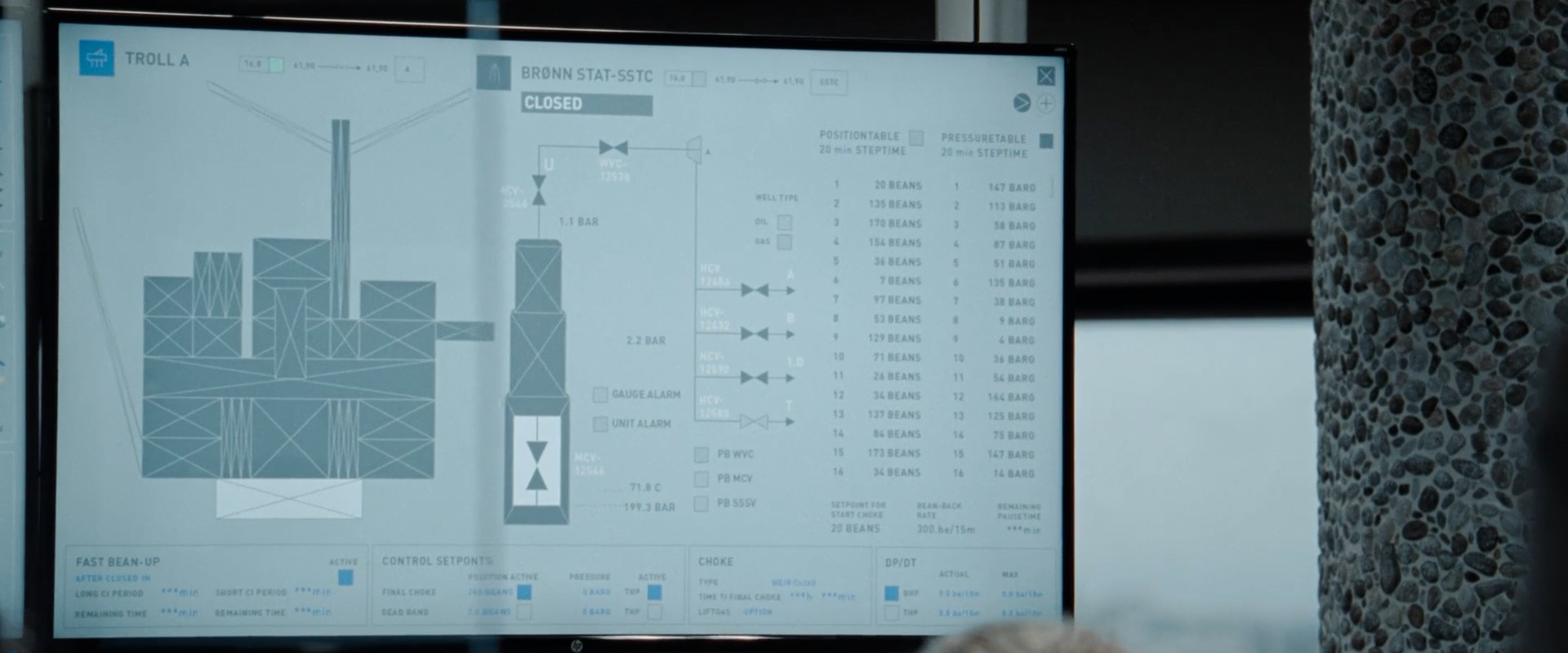 Close-up of a technical control panel screen showing a schematic diagram and status data for Troll A platform with pressure and alarm indicators.