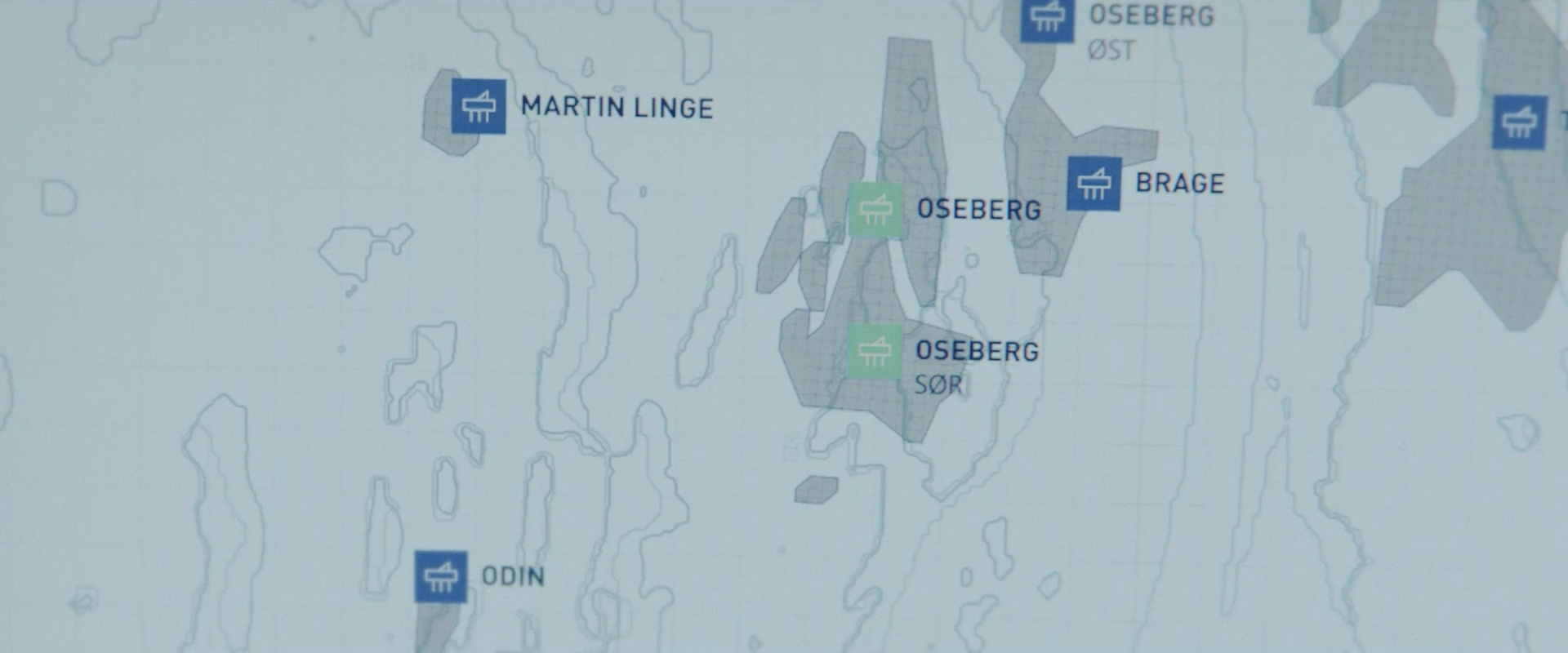 Map showing locations named Martin Linge, Oseberg, Brage, and Odin with icons representing offshore platforms.