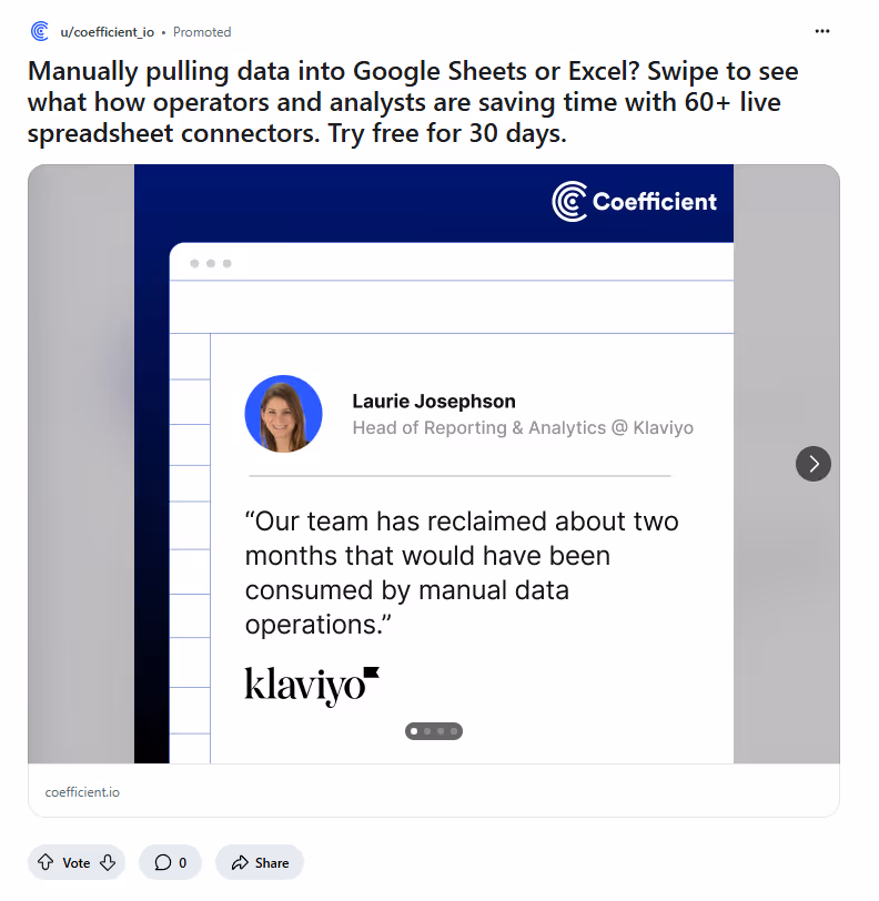 Carousel ad on Reddit using client testimonials to build trust.