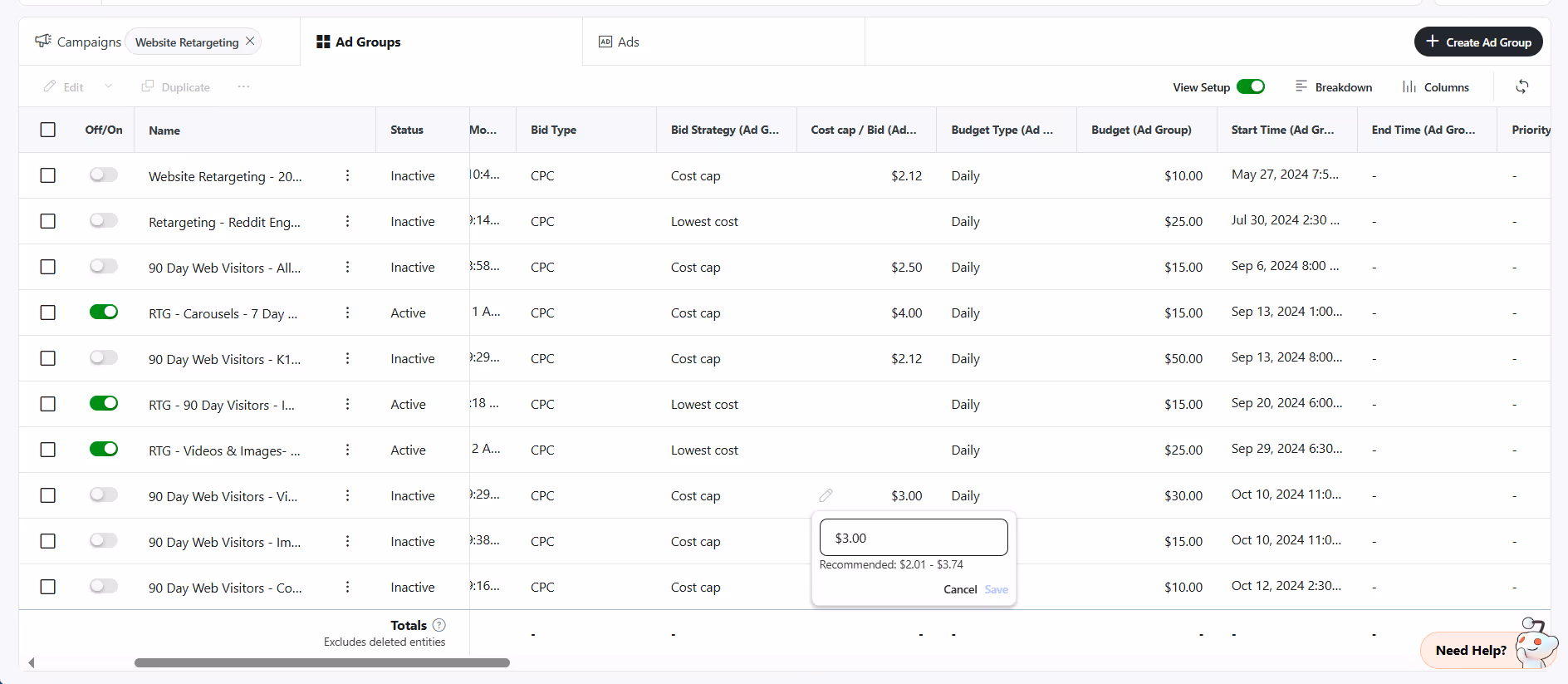 Manual bid edit for Reddit ad variations.