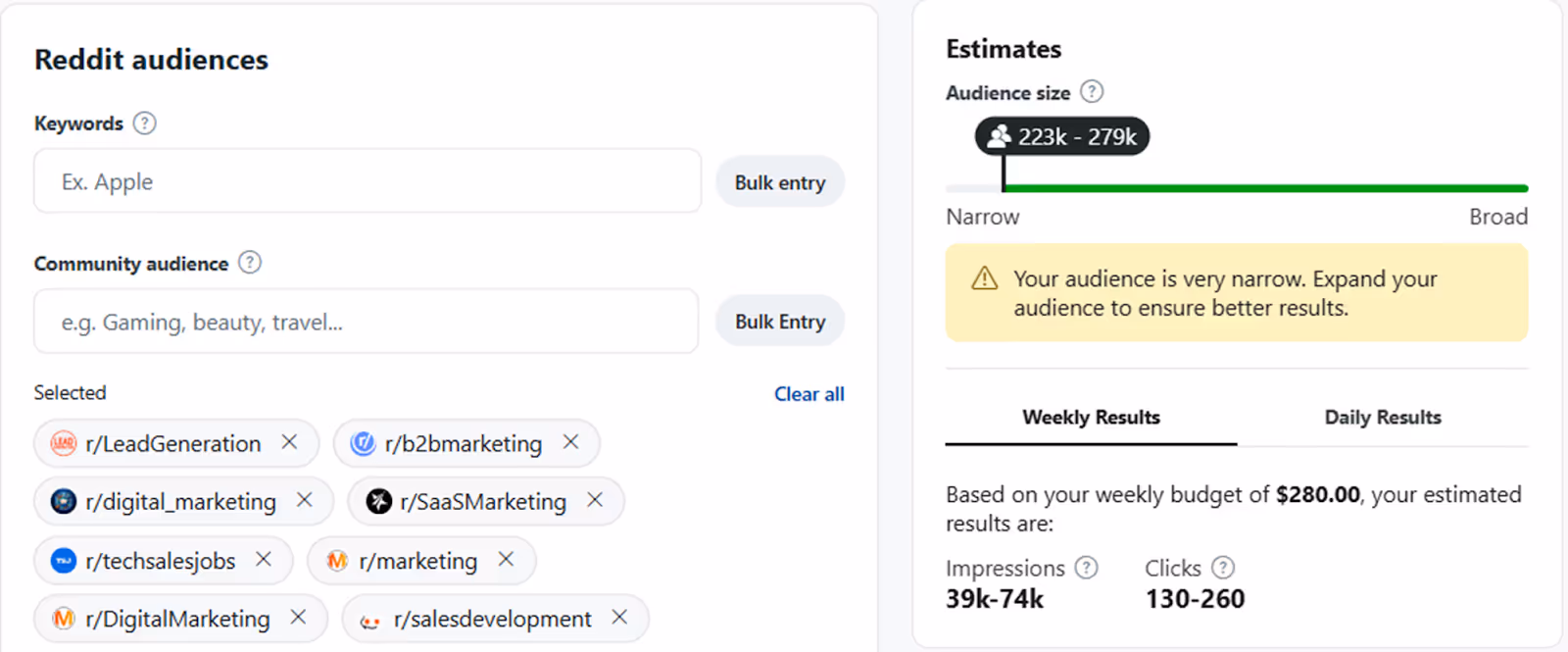Reddit Ads audience targeting with subreddits and estimates.