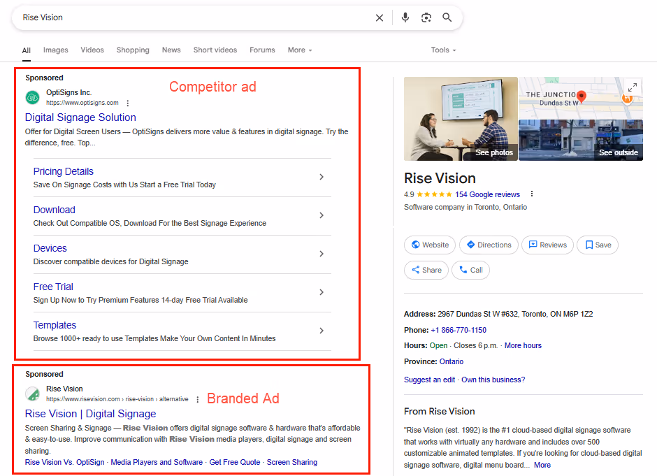 Competitor and branded Google Ads for Rise Vision on the same SERP.