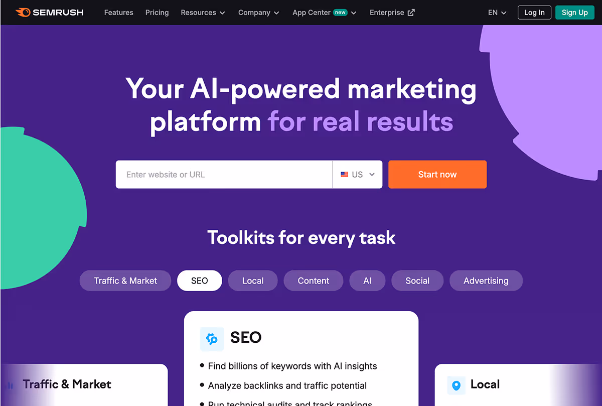 SEMrush homepage highlighting paid search and SEO tools.