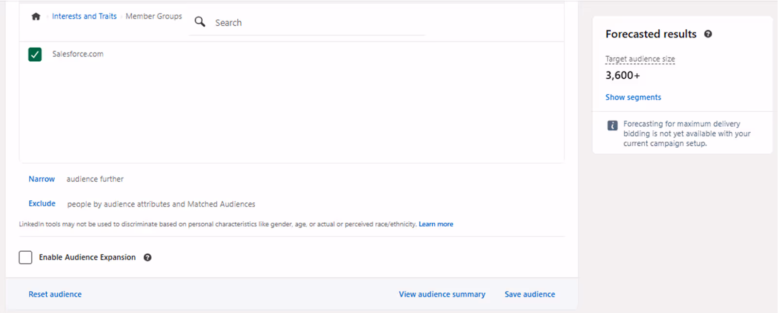 Member group audience targeting Salesforce interests.