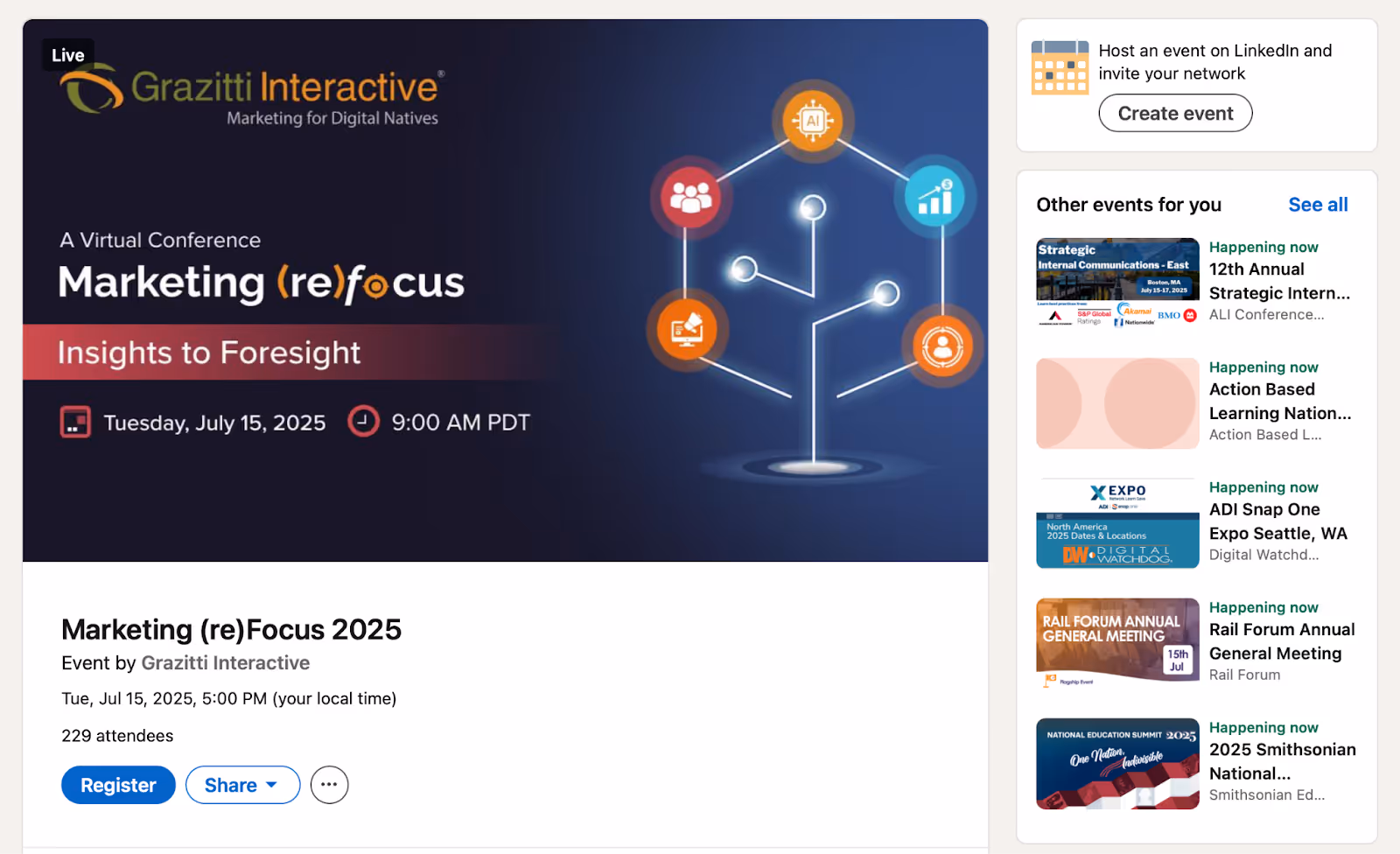 Screenshot of a LinkedIn webinar event hosted by a competitor, showing attendee insights and engagement details.