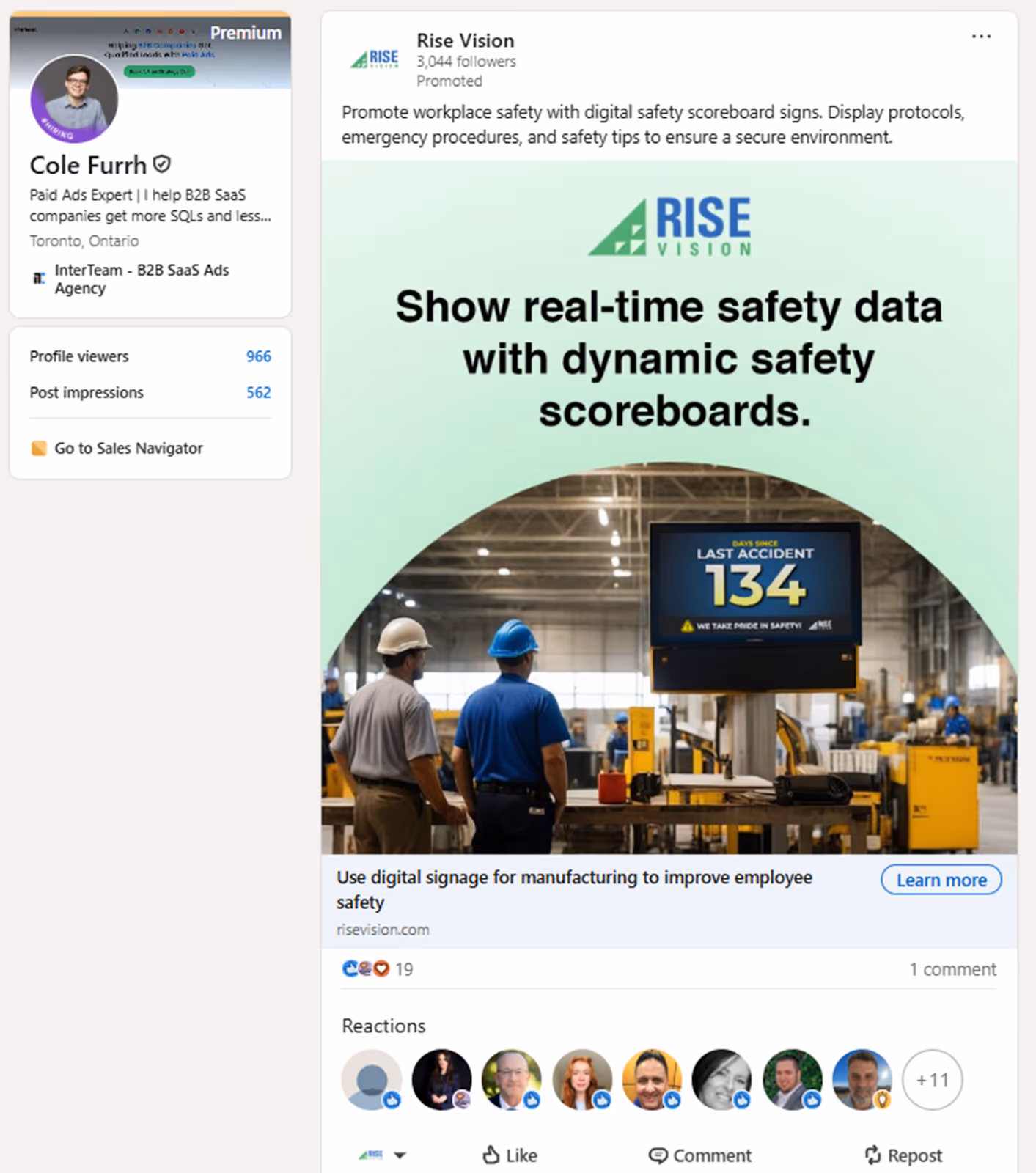 Example of Rise Vision Ad Promoting workplace safety with digital safety scoreboard signs