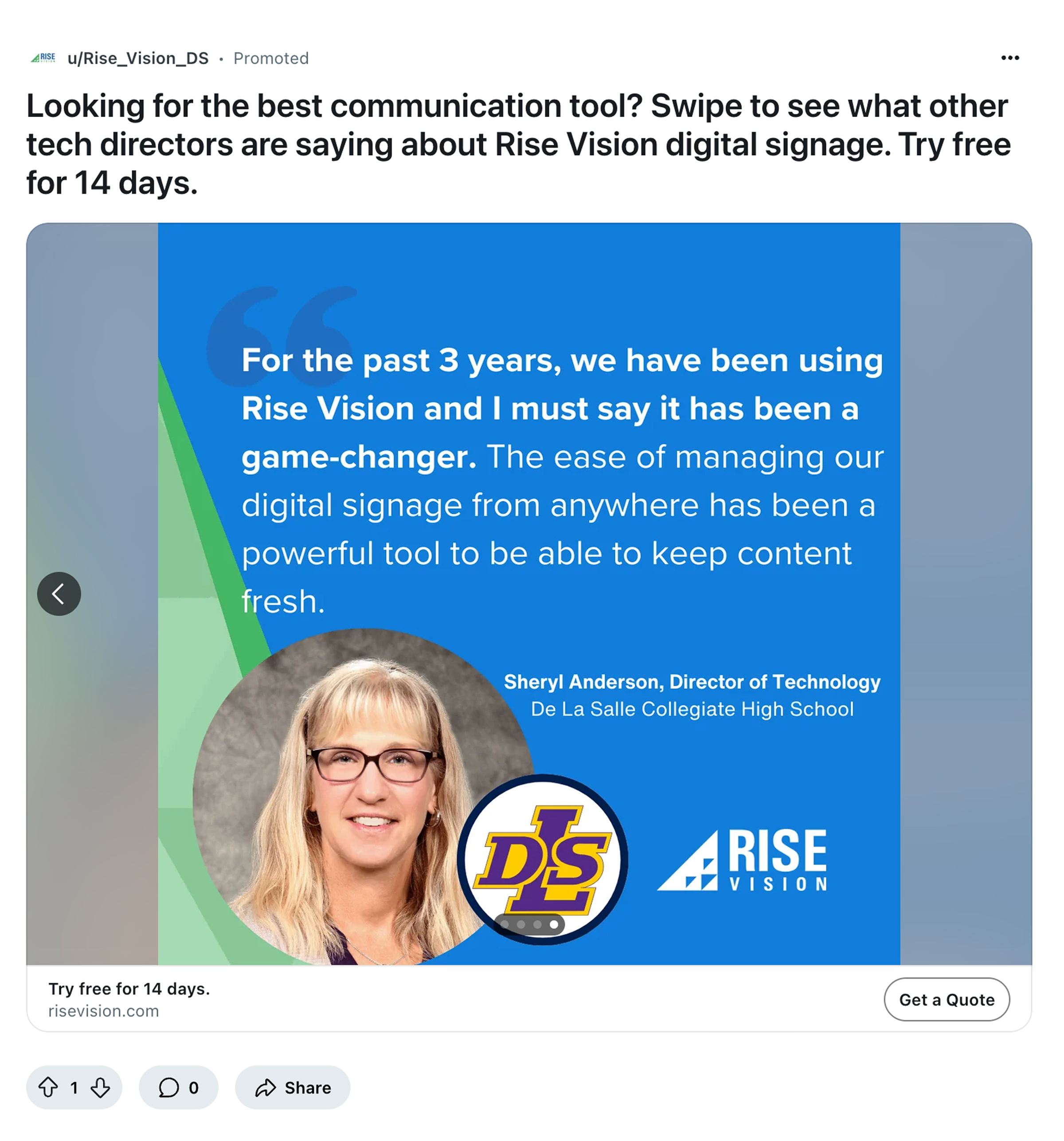 Screenshot of a Reddit image ad for Rise Vision.