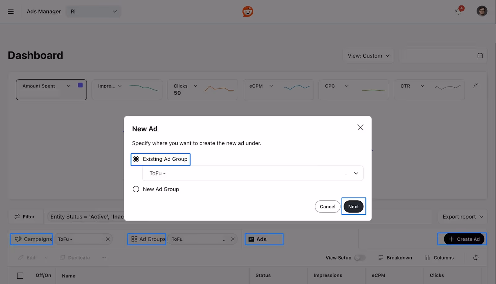 Picking an ad group for your campaign.