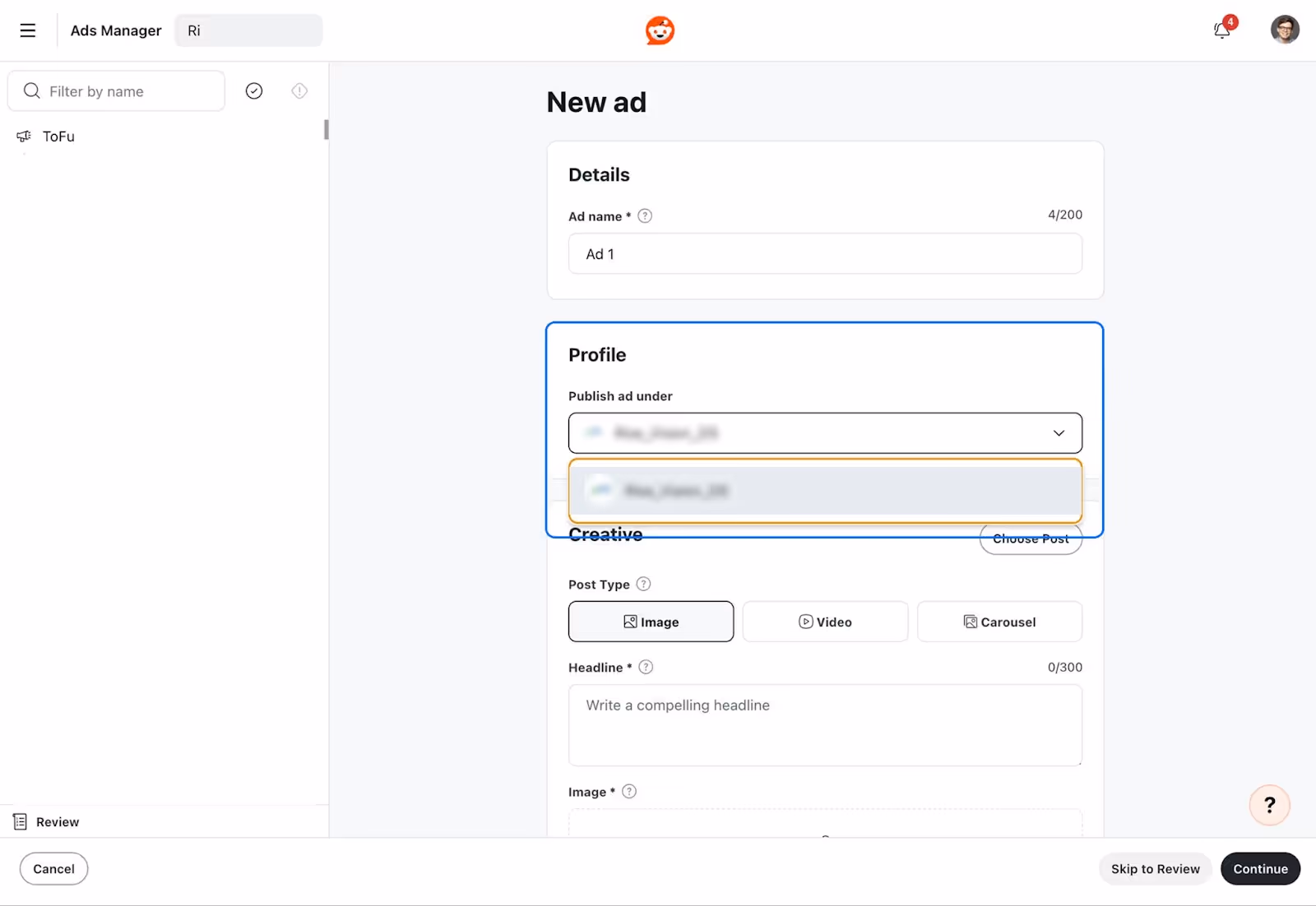 Selecting a Reddit brand account.