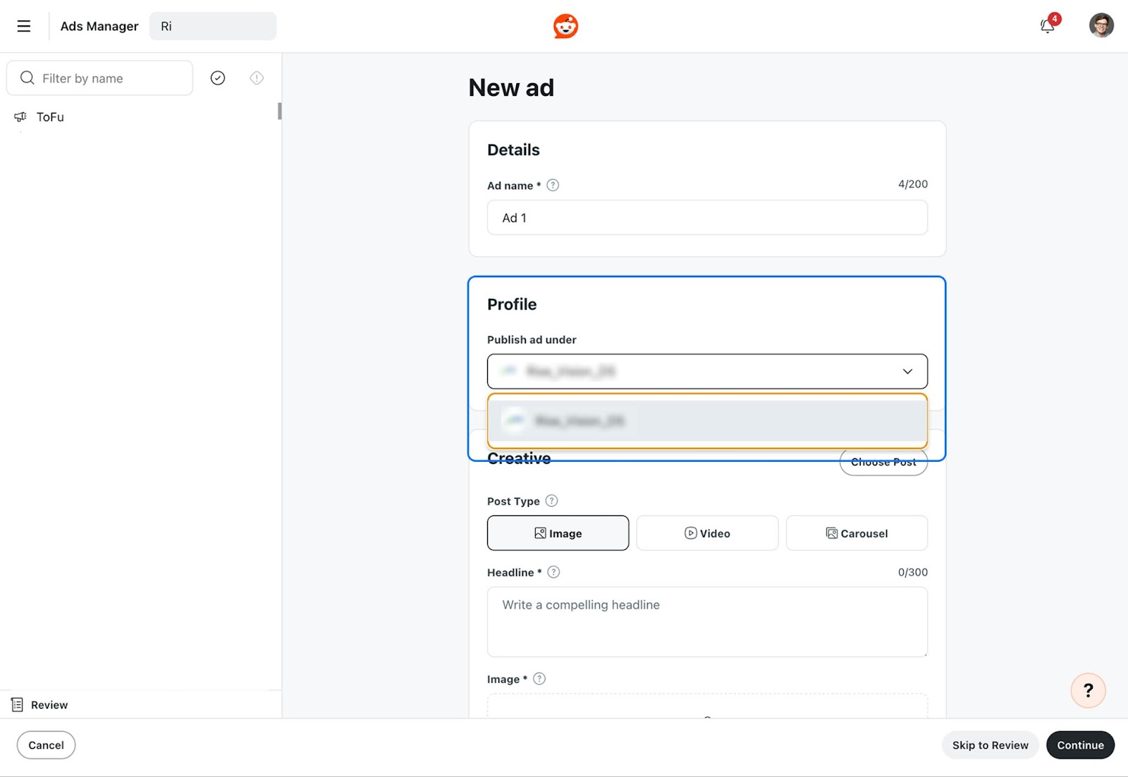 Selecting a Reddit brand account.