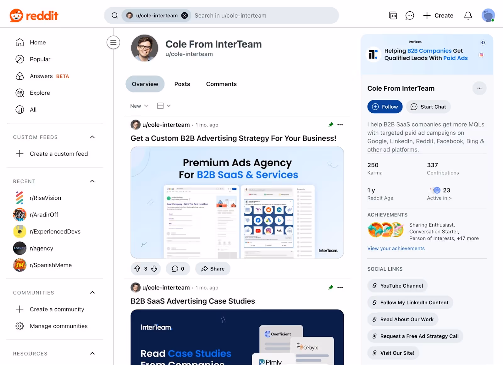 Reddit brand profile with pinned content.