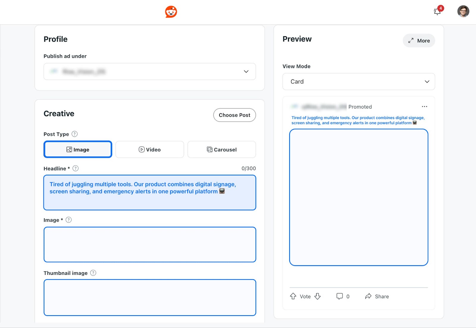 Filling in headline and image fields for a Reddit ad.