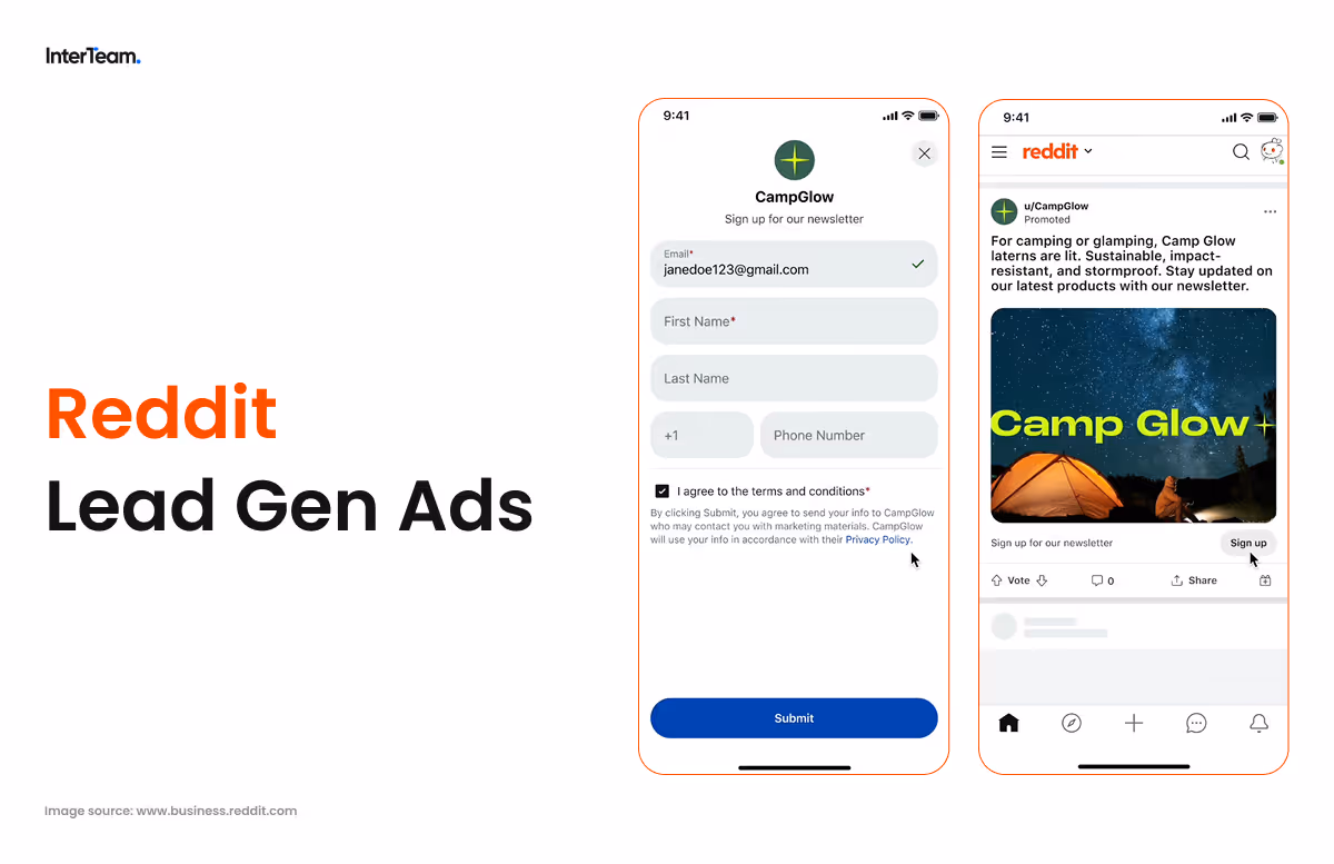 Lead gen ad on Reddit with signup form and promo image.