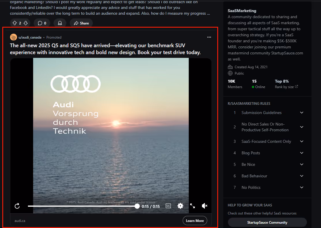 Reddit card ad with autoplay video and call-to-action button.