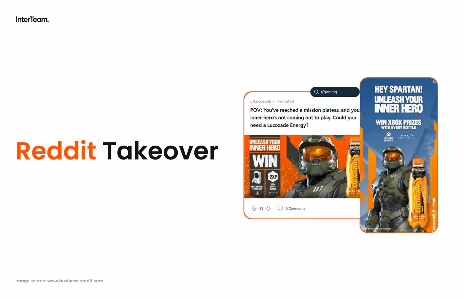 Example of a Reddit Takeover ad featuring Halo Infinite and Lucozade Energy promotion with Xbox prizes.