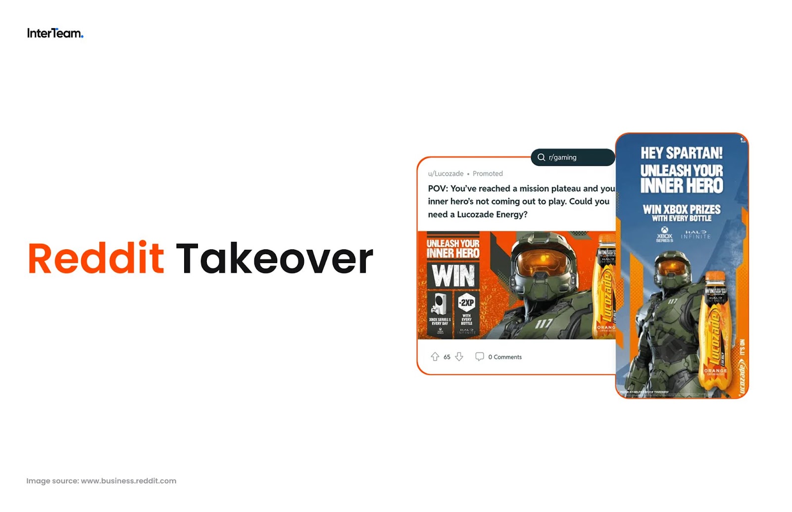 Example of a Reddit Takeover ad featuring Halo Infinite and Lucozade Energy promotion with Xbox prizes.