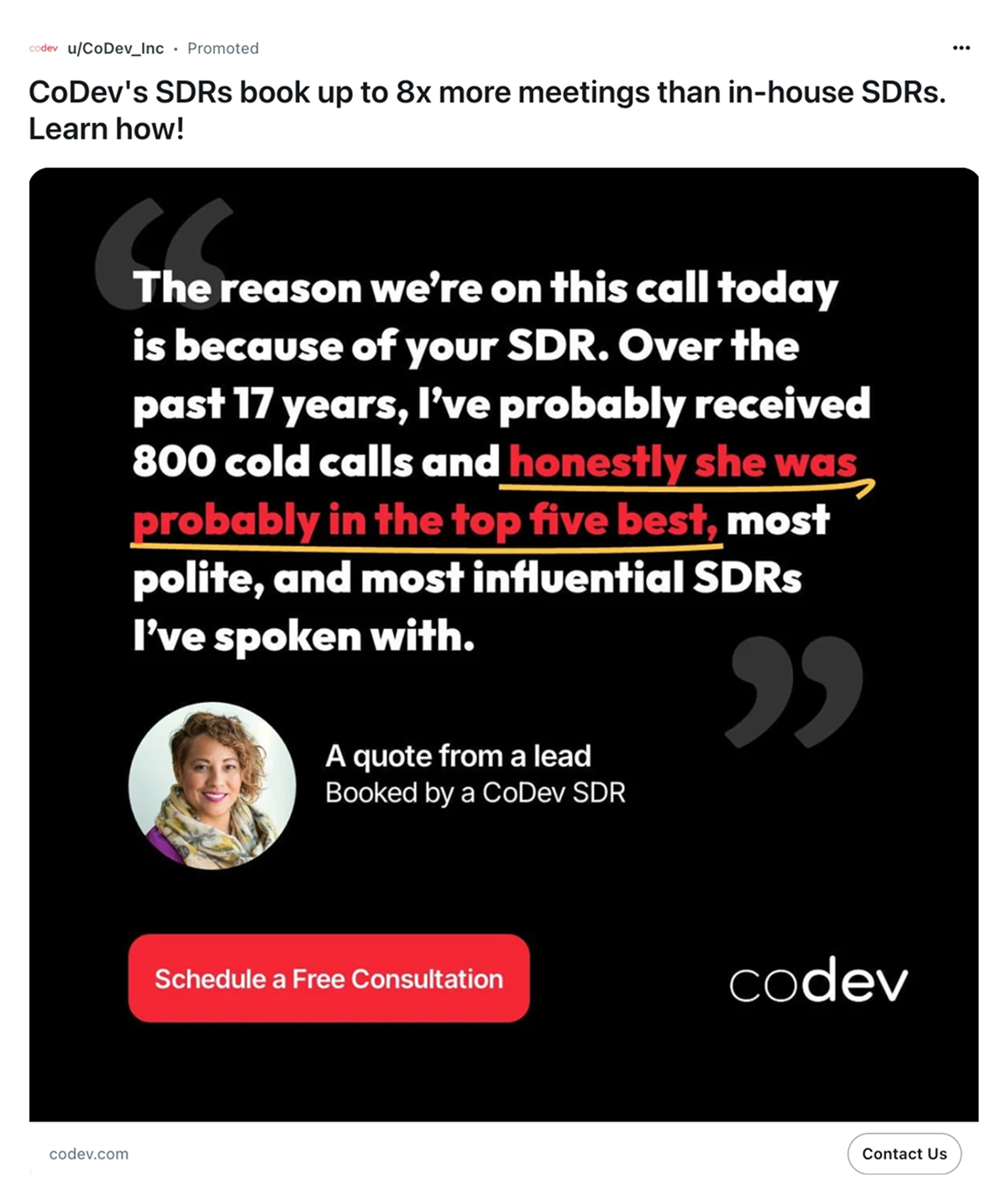 Quote image ad from b2b performance marketing campaigns on reddit
