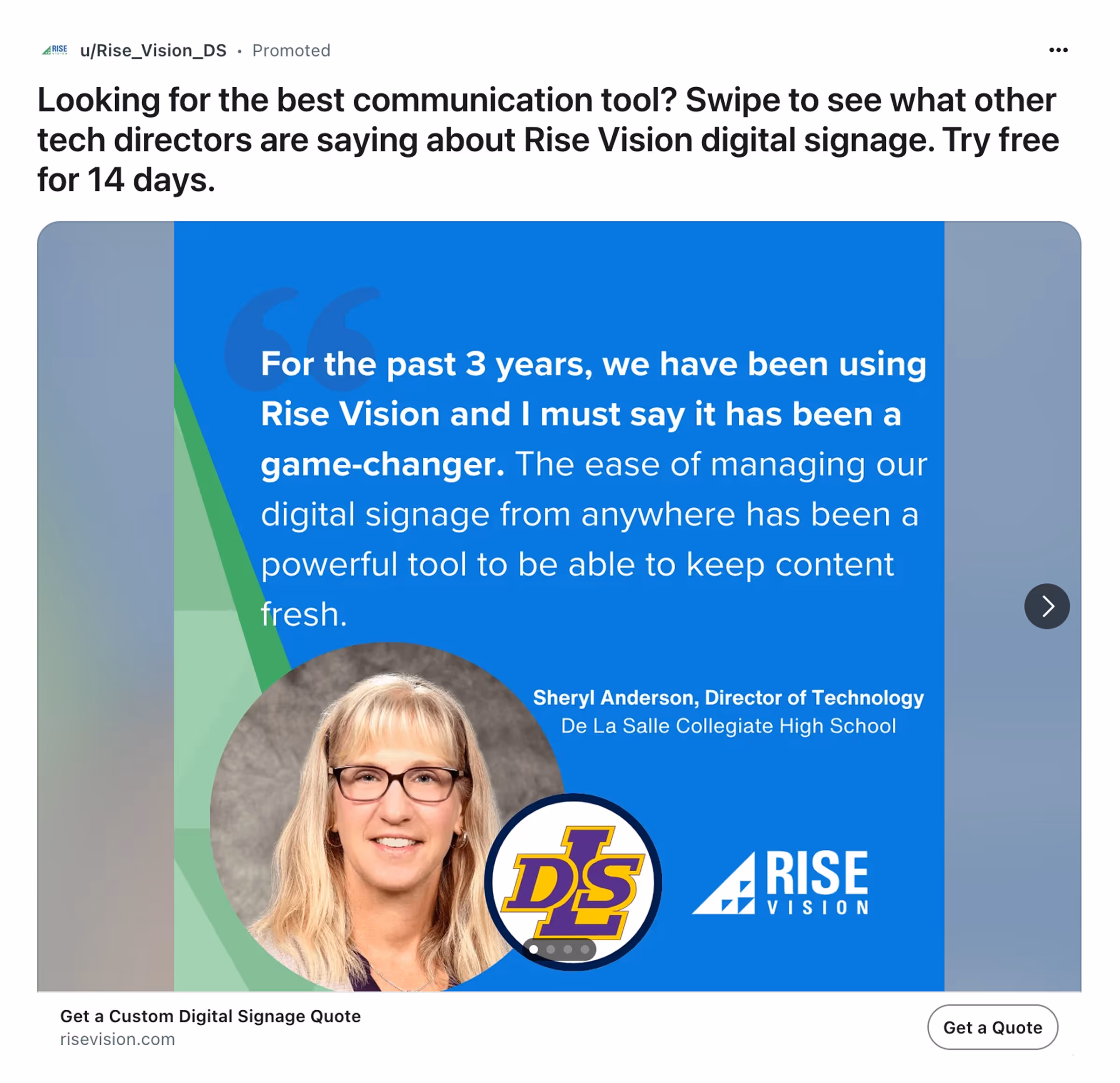 A Reddit carousel ad with B2B SaaS testimonials
