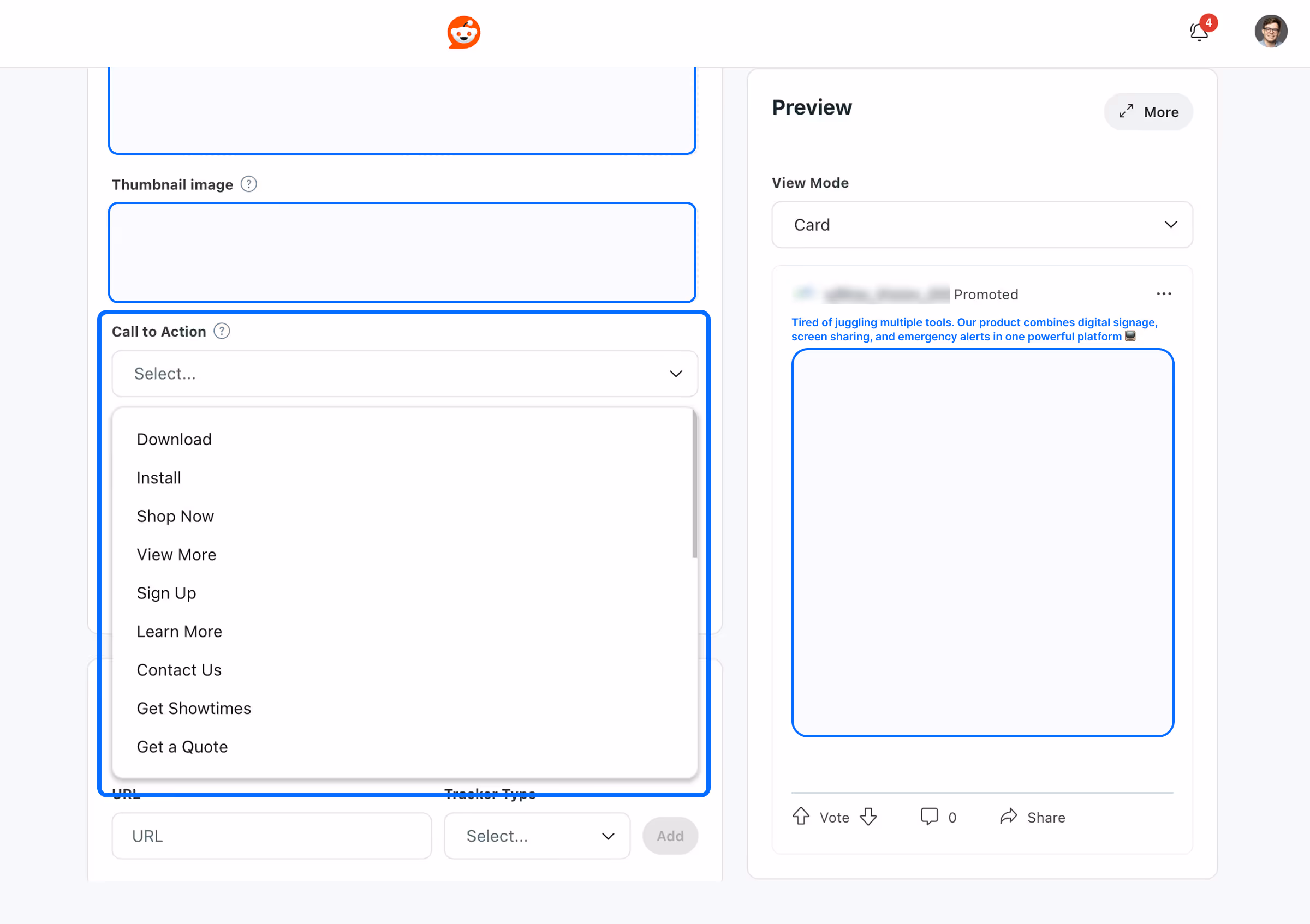 Choosing a clear call-to-action for your Reddit ad.