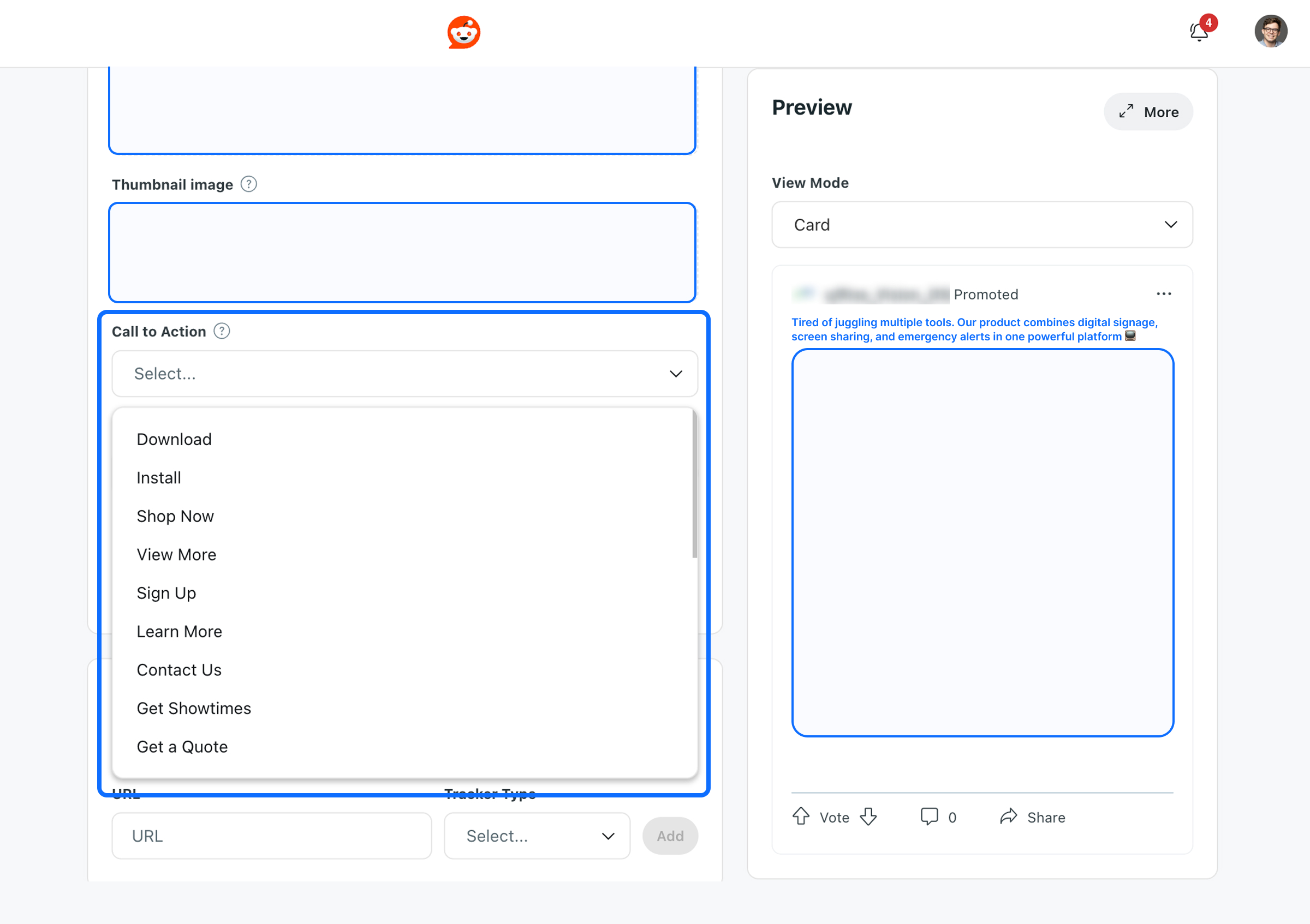 Choosing a clear call-to-action for your Reddit ad.