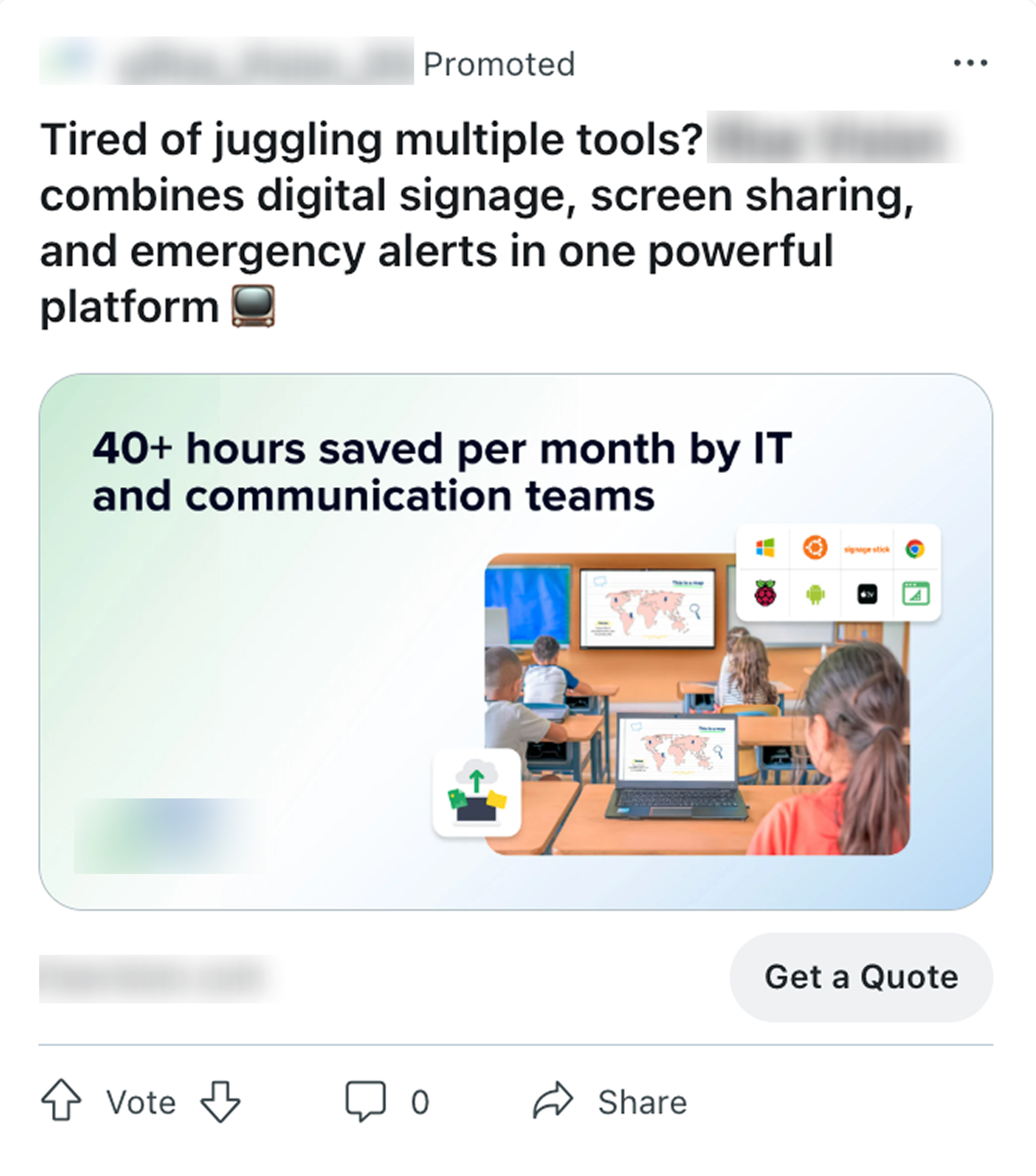 Reddit promoted post image ad for Rise Vision.